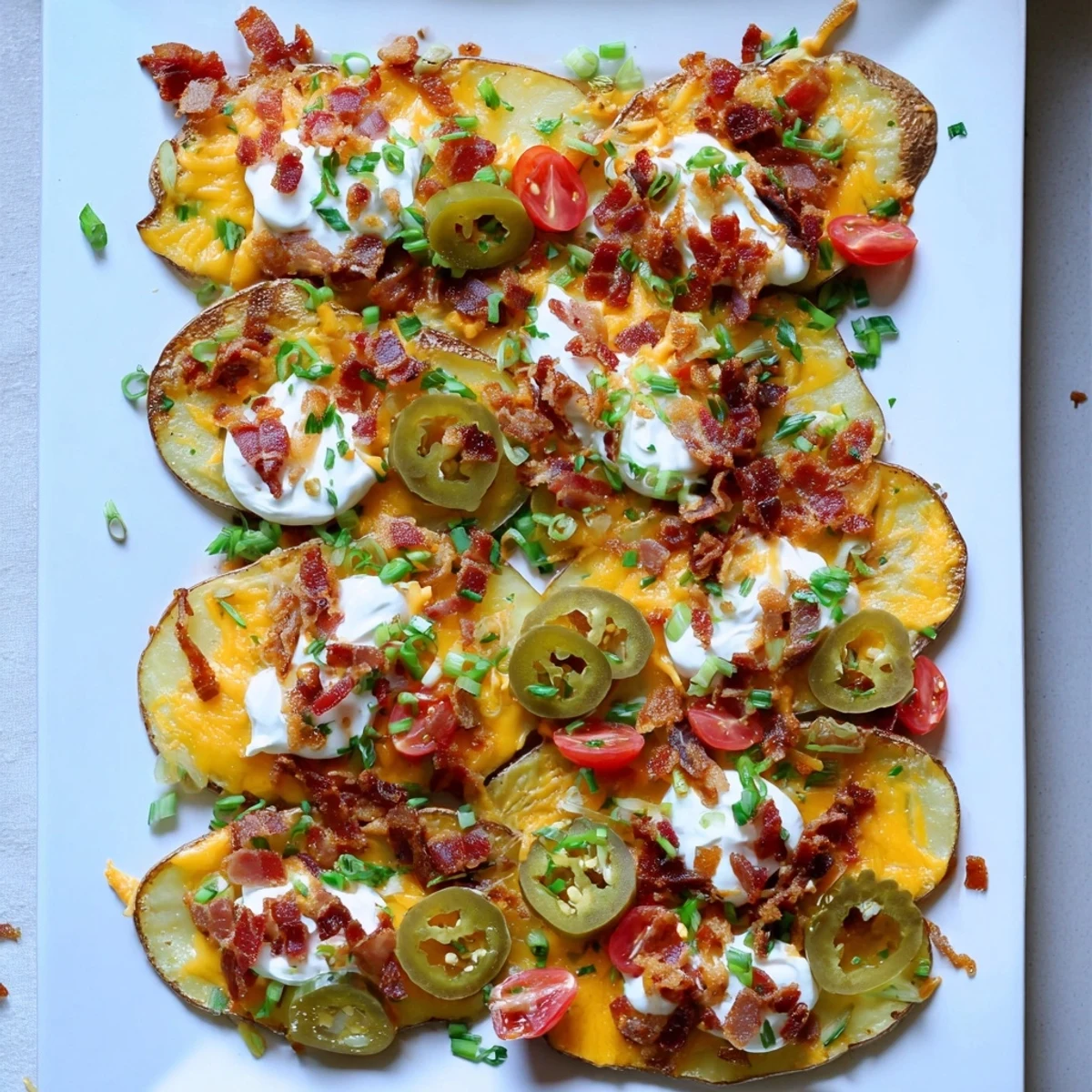 Crispy baked potato slices covered in melted cheddar and crumbled bacon for Irish Nachos.