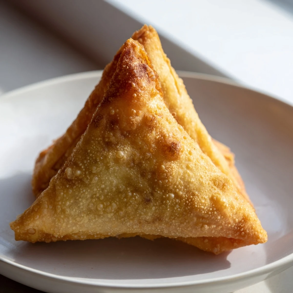 Crispy golden spiced meat sambusas stacked high, garnished with fresh cilantro and lemon wedges for dipping.