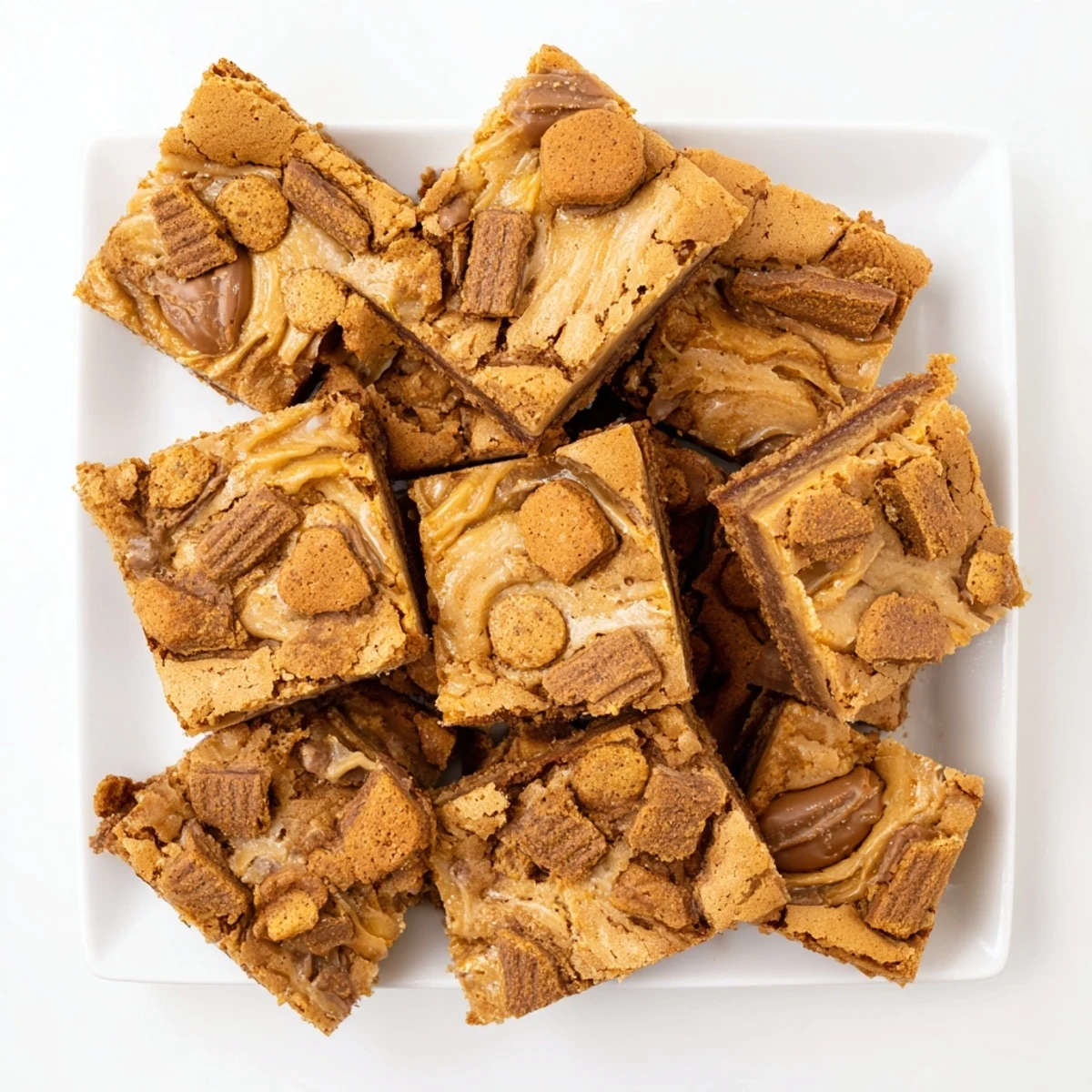 Golden-brown Brown Butter Biscoff Blondies with a glossy Biscoff swirl and chopped cookie pieces on top.