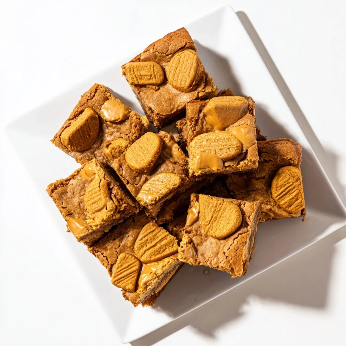 A stack of chewy Brown Butter Biscoff Blondies served with a scoop of vanilla ice cream.