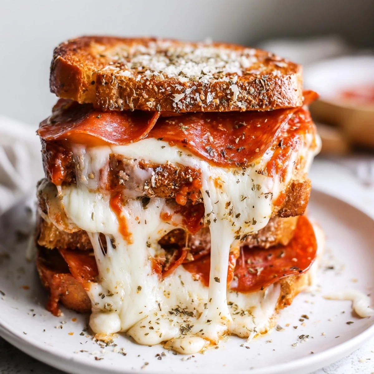 A close-up of Pizza Grilled Cheese, featuring melted mozzarella and pepperoni tucked inside crispy, golden sourdough slices served with marinara dip.