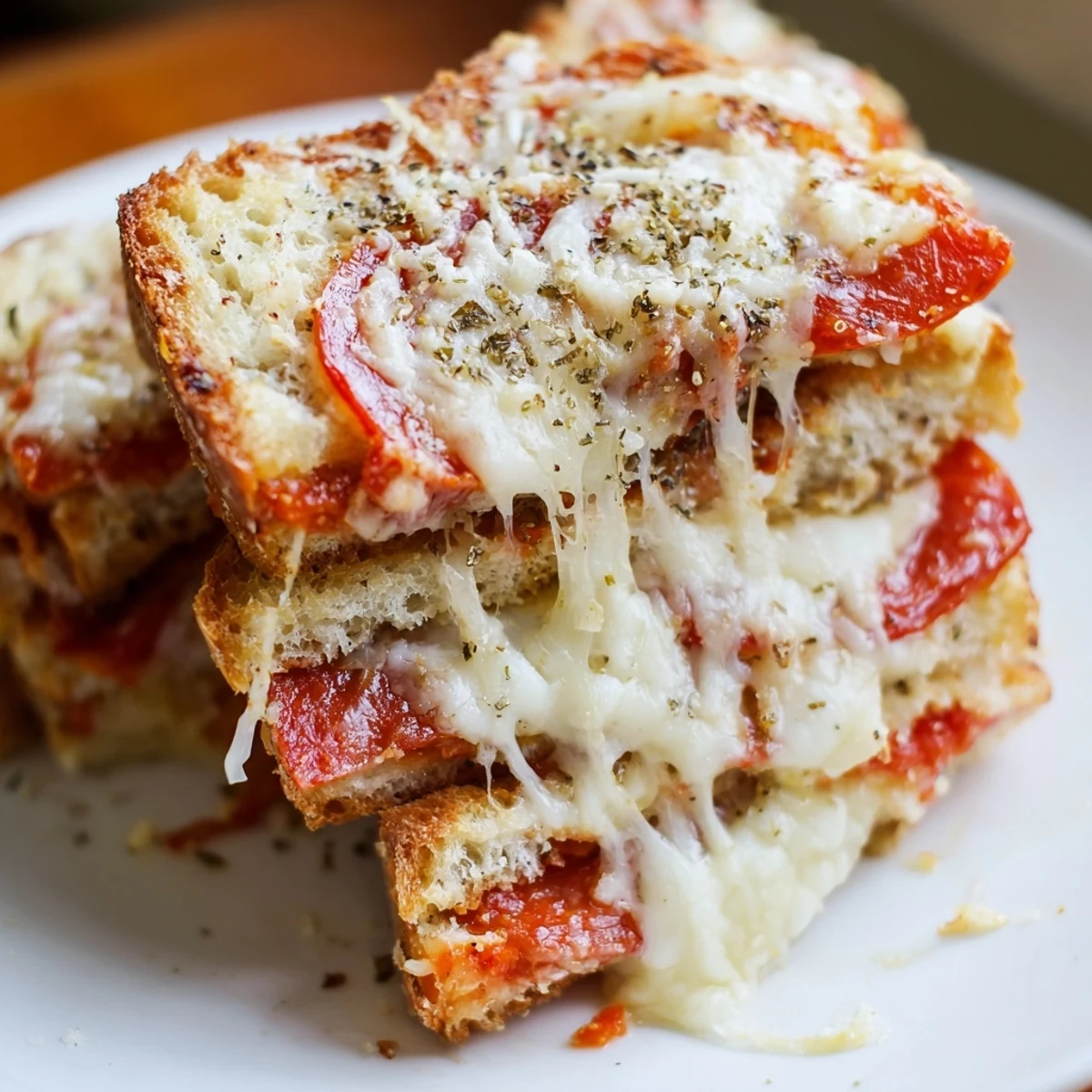 Slice of savory Pizza Grilled Cheese revealing layers of tangy marinara, melted cheese, and pepperoni between buttery, crispy grilled bread ready to eat.
