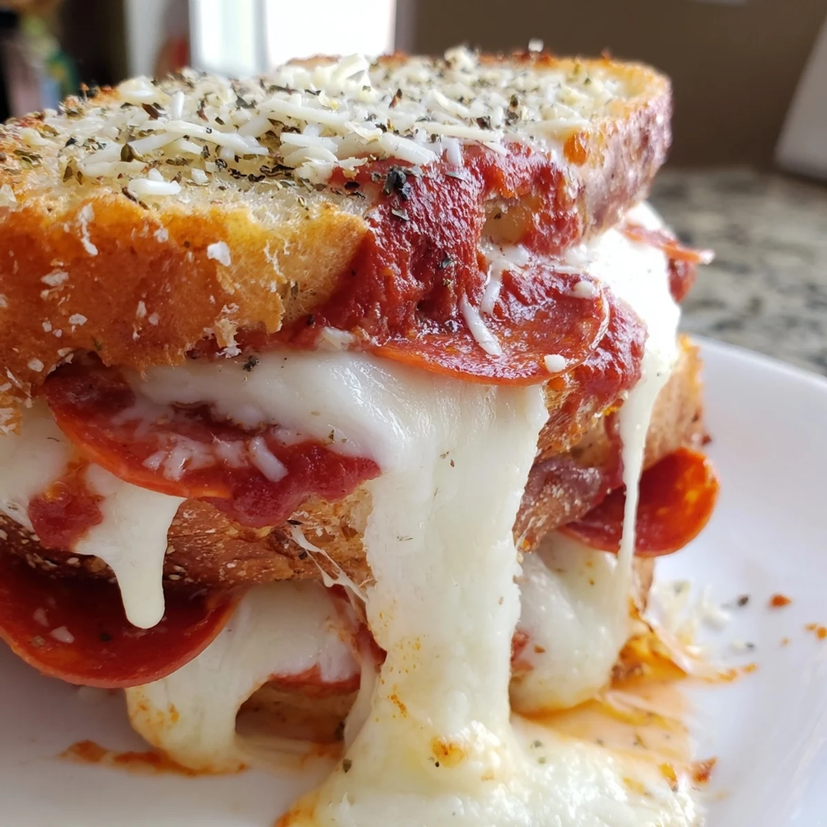 In a warm kitchen, a golden-brown Pizza Grilled Cheese oozes gooey mozzarella, with marinara and oregano spices visible on the toasted bread.
