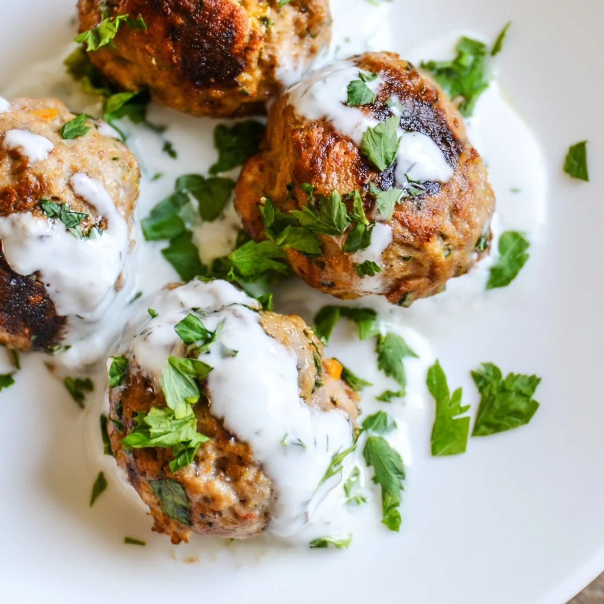 Plate of juicy Chicken Kofta paired with a bowl of tangy garlic yogurt sauce, served with lemon wedges for a bright finish.