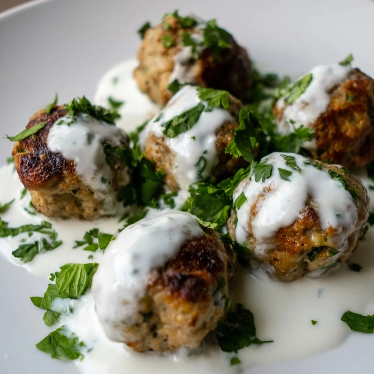 Golden-brown Chicken Kofta meatballs arranged on a platter, drizzled with creamy garlic yogurt sauce and garnished with fresh herbs.