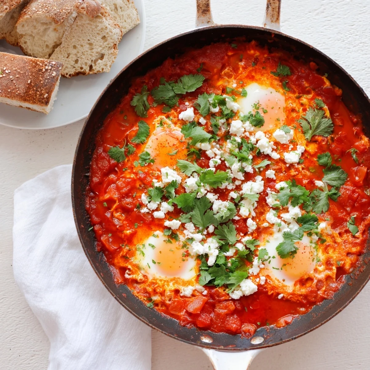 Brightly colored Quick Shakshuka Eggs simmering in a spiced tomato sauce, garnished with fresh cilantro and crumbled feta cheese on top.
