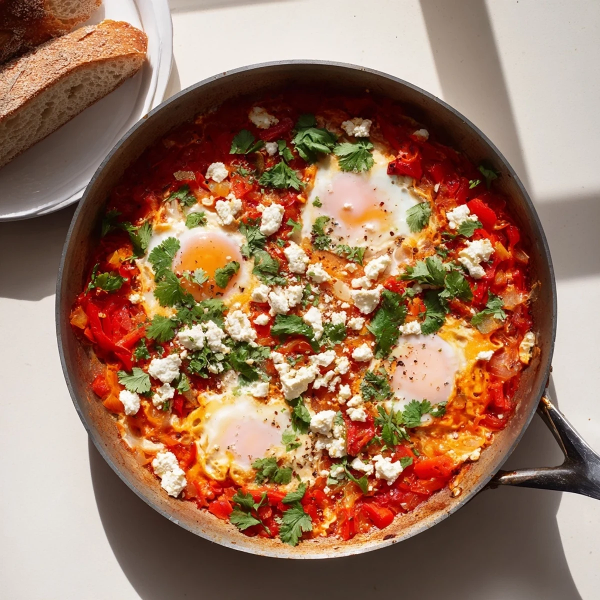 A hearty bowl of Quick Shakshuka Eggs with runny yolks in a rich tomato and pepper sauce, perfect for dipping crusty bread.