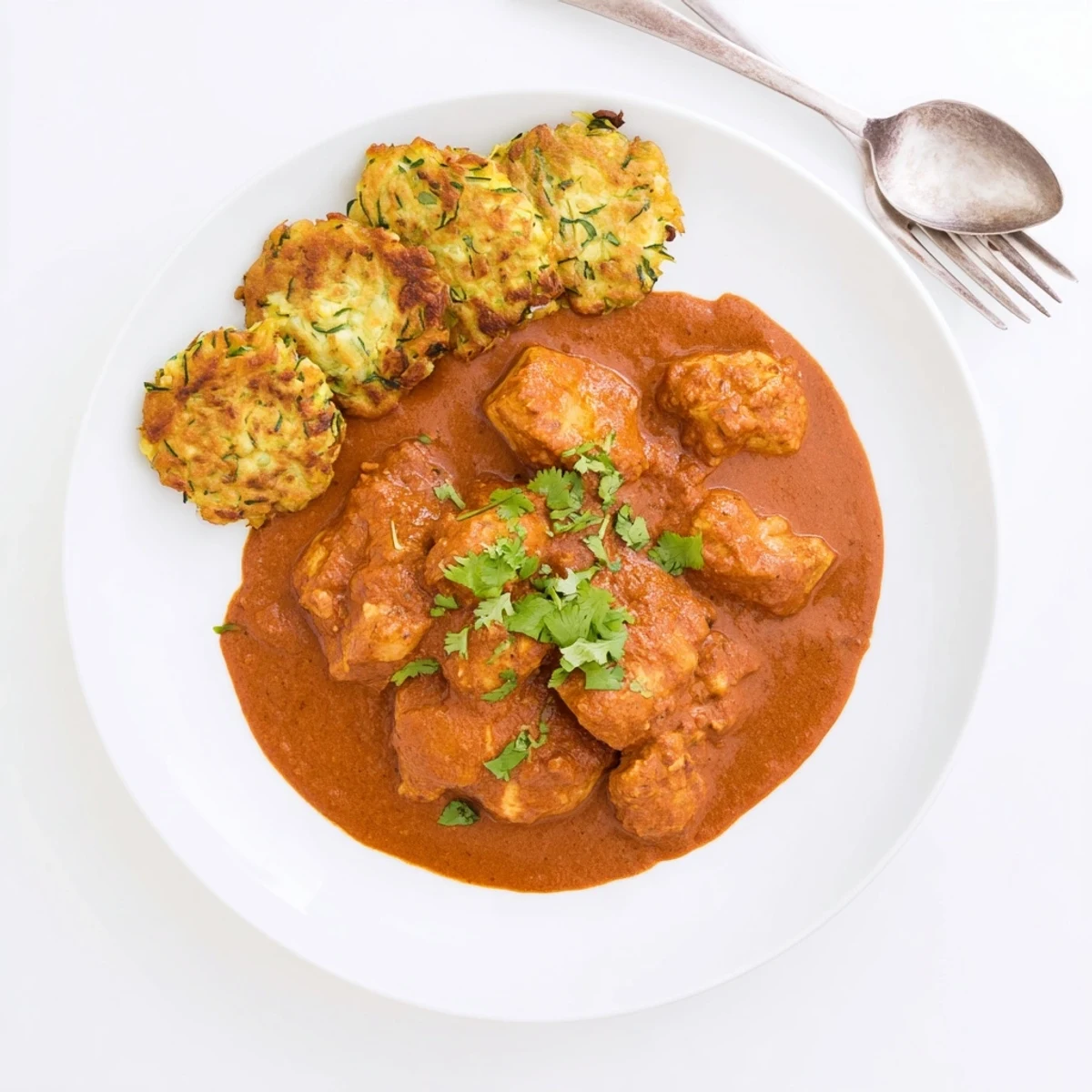 Creamy butter chicken and vegetable fritters served hot with fresh cilantro garnish on a rustic plate.