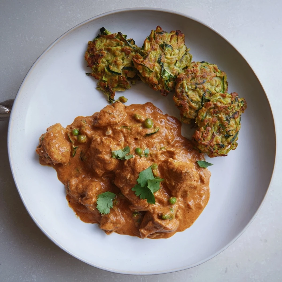 A close-up of golden crispy vegetable fritters alongside rich butter chicken in a warm kitchen setting.