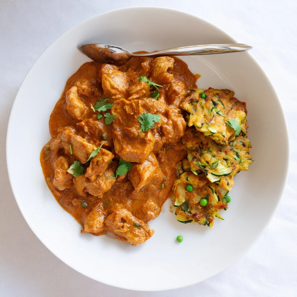 Butter Chicken and Vegetable Fritters plated with naan bread, perfect for a comforting weeknight family dinner.