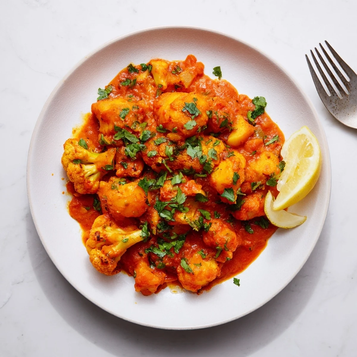 Golden cubes of potatoes and cauliflower florets simmer in a buttery tomato sauce with aromatic spices, garnished with fresh cilantro.