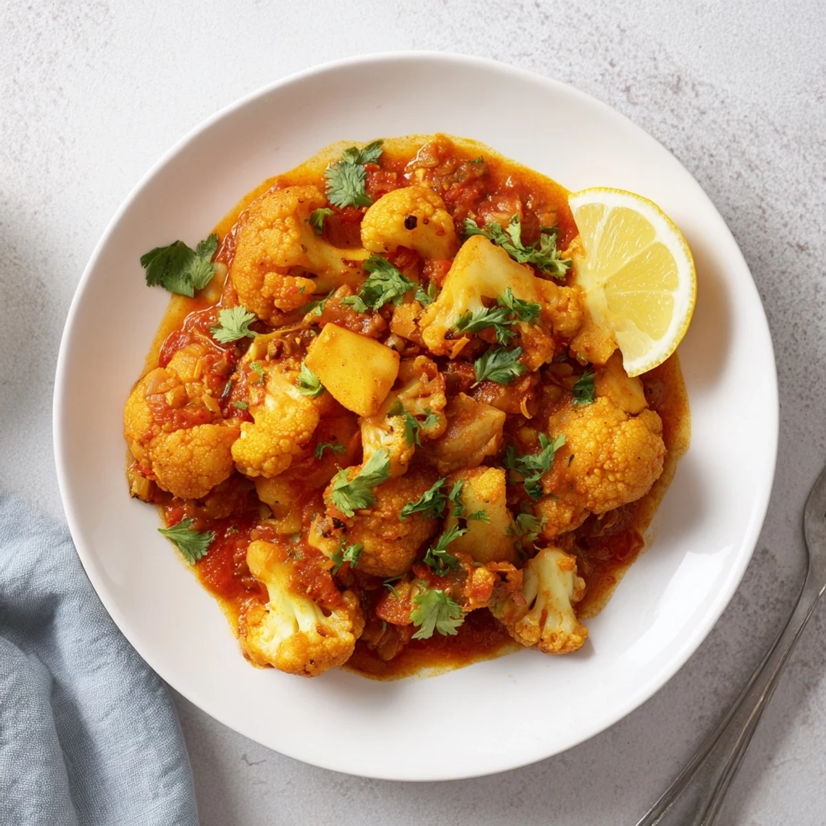 Serve this comforting Indian Butter Spiced Potatoes and Cauliflower alongside fluffy basmati rice and a squeeze of fresh lemon.