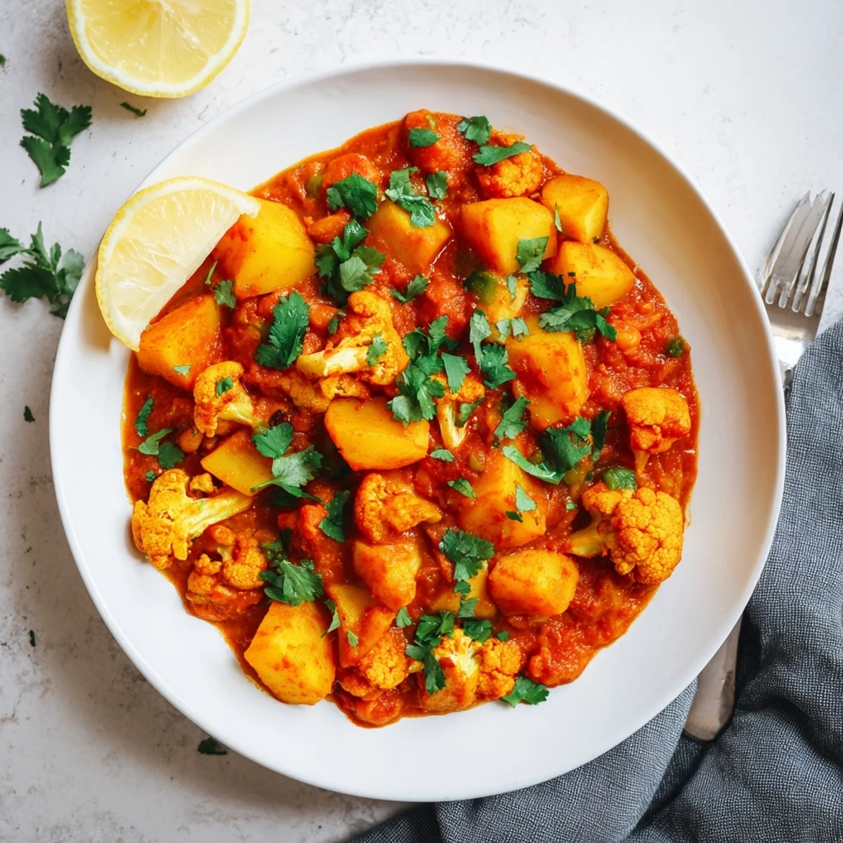 A close-up of Indian Butter Spiced Potatoes and Cauliflower, showing tender vegetables coated in a rich, creamy red sauce.