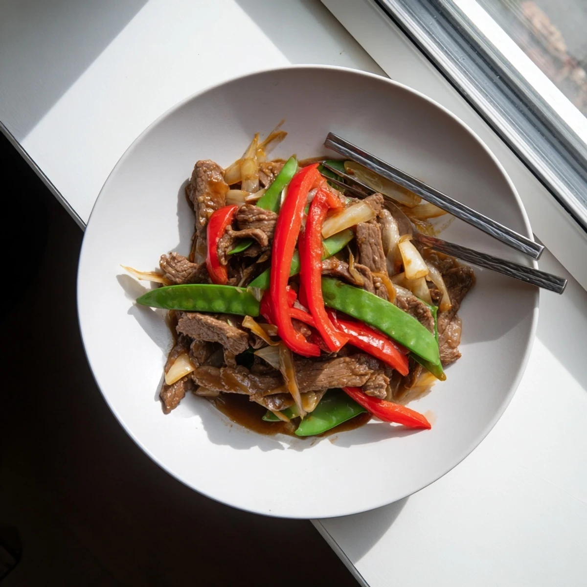 A close-up of vibrant Beef With Oyster Sauce, showcasing tender beef slices coated in glossy sauce alongside crisp snow peas and red bell peppers.