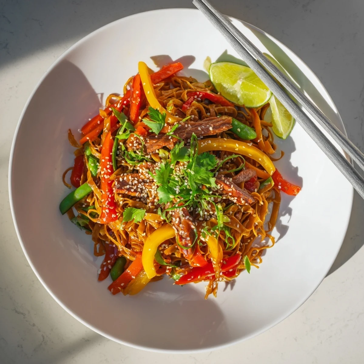 Golden-brown turkey strips and vibrant bell peppers glisten in Sweet Chilli Turkey Noodle Stir Fry, served with lime wedges.  