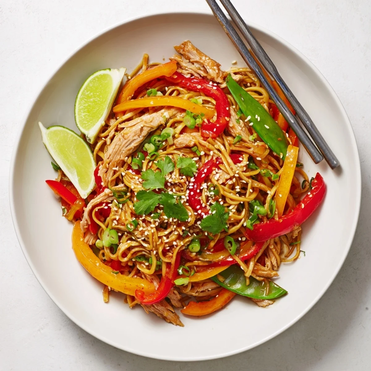 Sweet Chilli Turkey Noodle Stir Fry shows glossy noodles tossed with crisp veggies, sesame seeds, and fresh cilantro garnish.  
