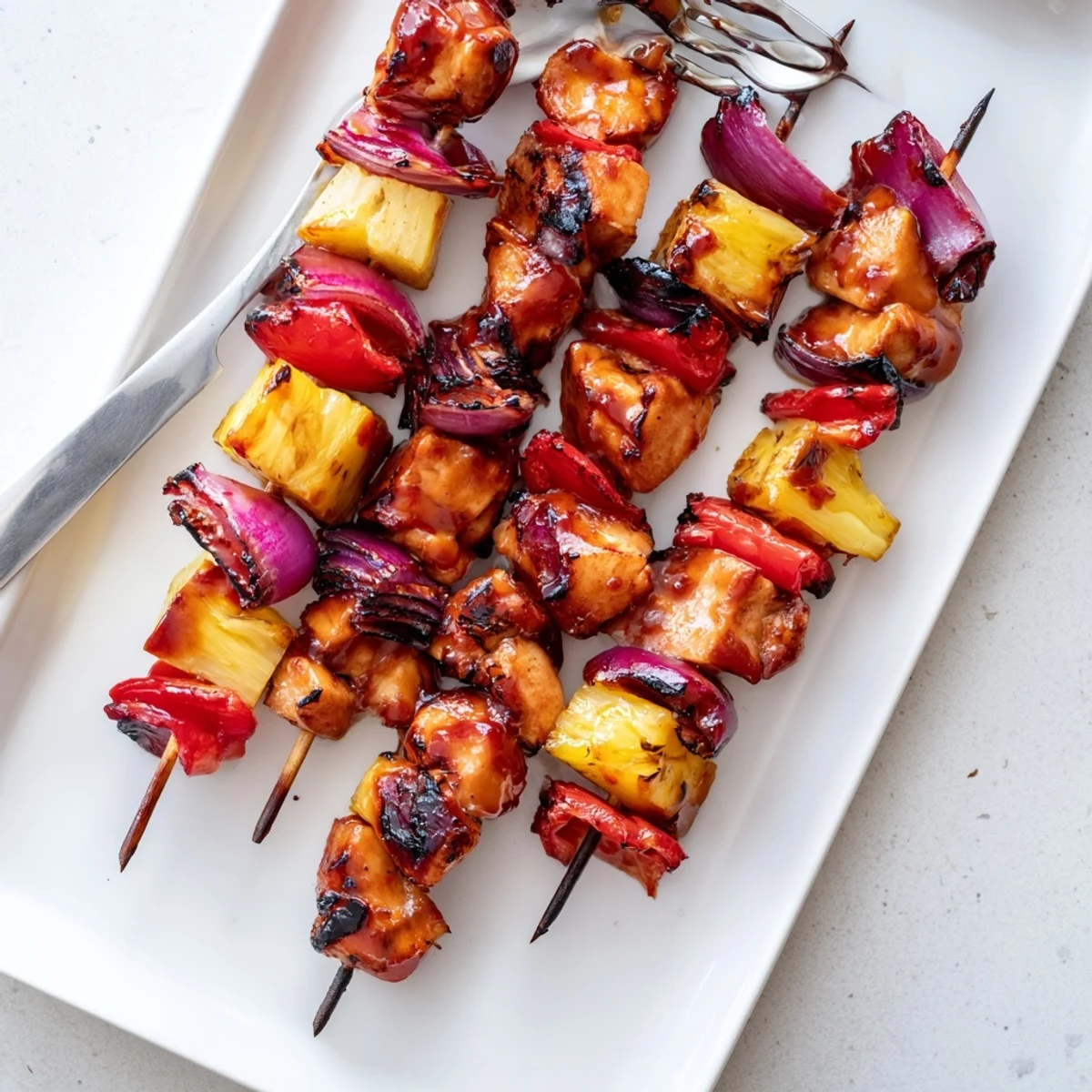 Juicy grilled Chicken and Pineapple BBQ Skewers with smoky char and vibrant red onion on a rustic plate.