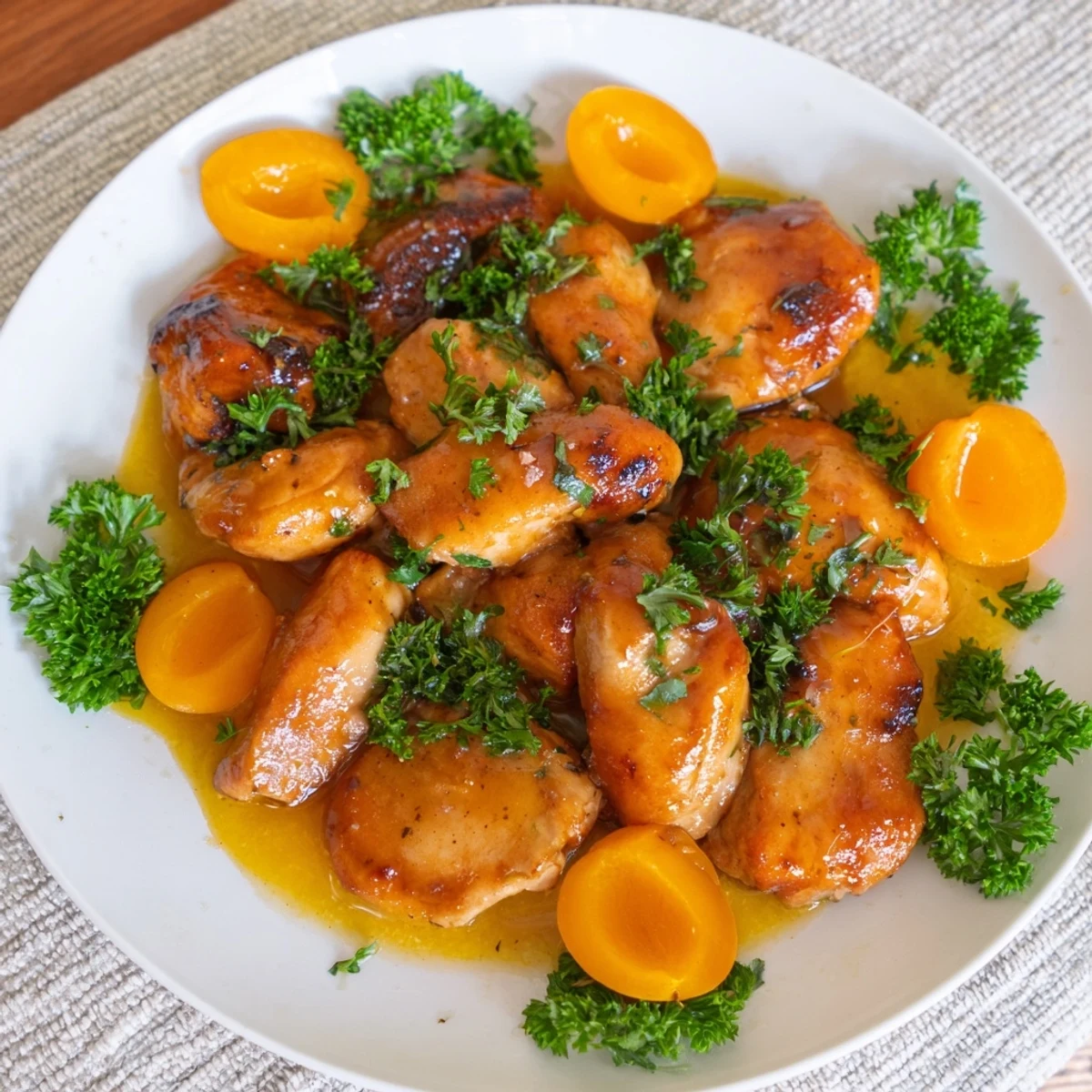 Golden brown Classic Apricot Chicken breasts simmering in a glossy, sweet apricot glaze in a skillet.