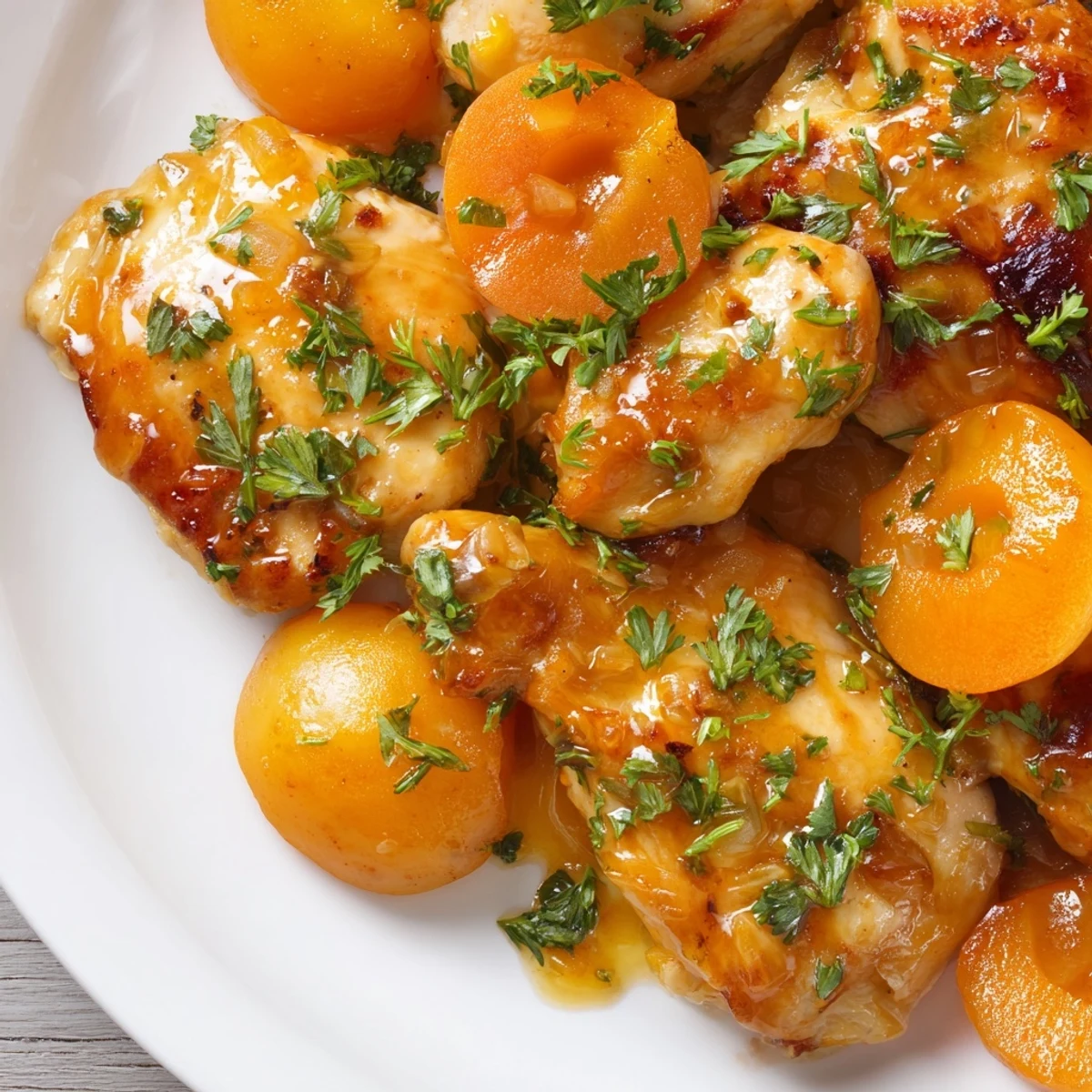 Sizzling Classic Apricot Chicken with tender meat, topped with sliced apricots and a tangy sauce.