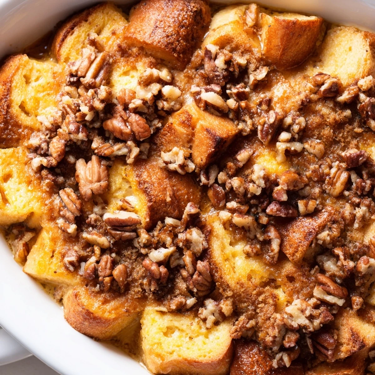 A slice of baked French Toast Casserole served with maple syrup drizzle.
