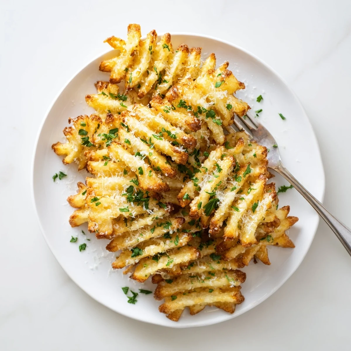 Plate of Crispy Mashed Potato Fries garnished with fresh parsley, perfect as a vegetarian American side.