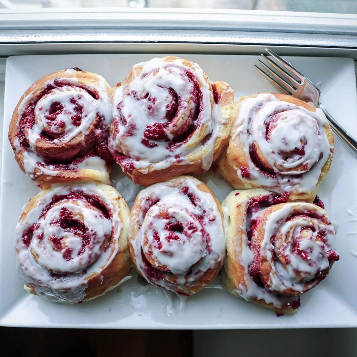 Freshly baked Raspberry Cinnamon Rolls With Lemon Glaze sit on a white ceramic plate, their soft spirals revealing a vibrant red raspberry swirl.