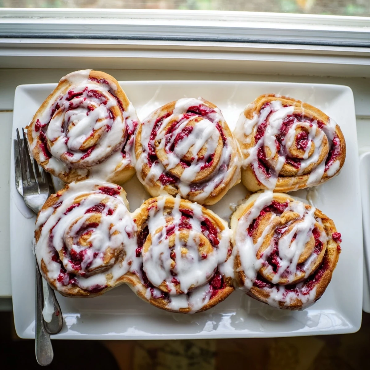 A warm stack of Raspberry Cinnamon Rolls With Lemon Glaze is drizzled with creamy frosting, perfect for a cozy brunch with a cup of coffee.