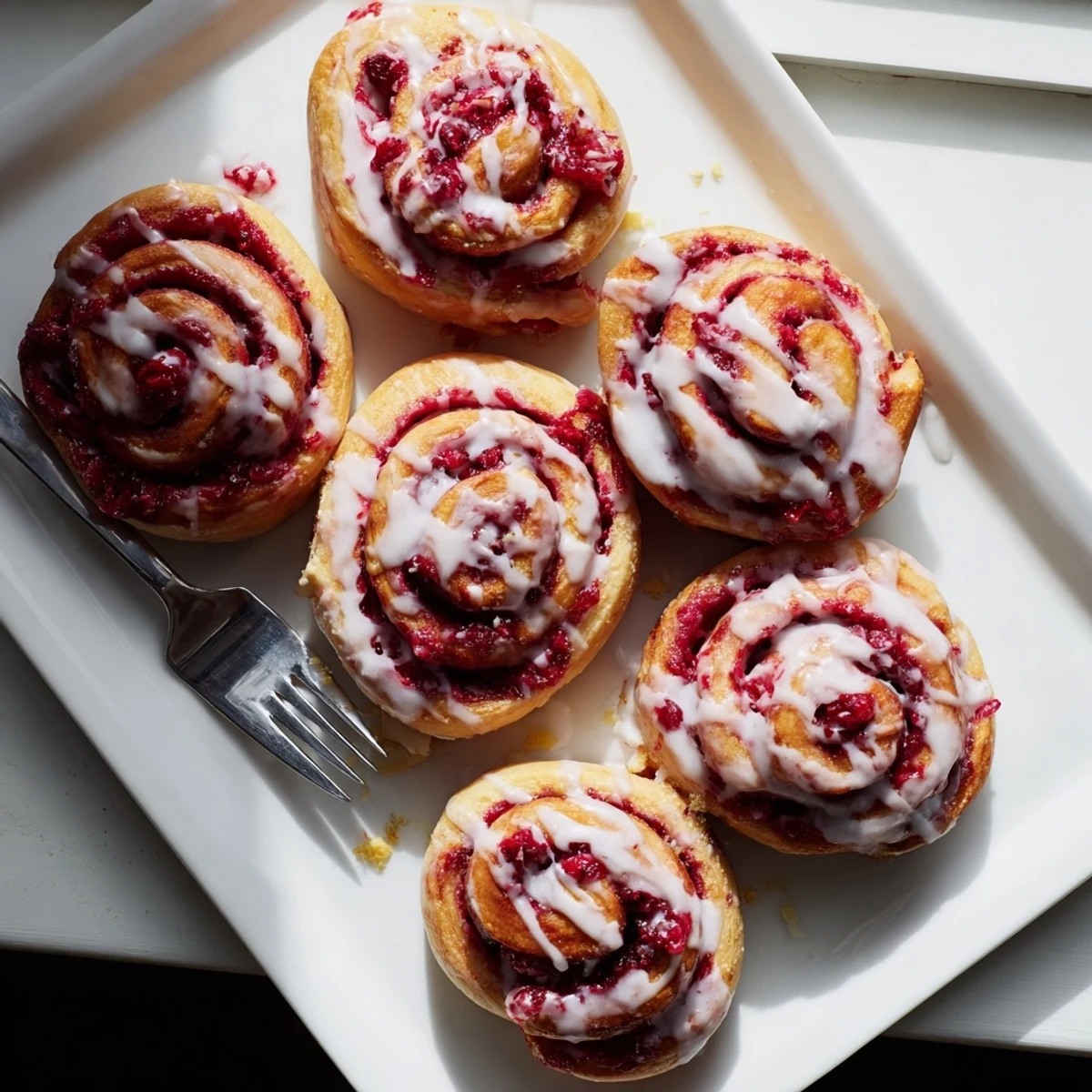 Golden Raspberry Cinnamon Rolls With Lemon Glaze rest on a wooden board, showcasing tender dough and a sweet, zesty glaze ready to be served.