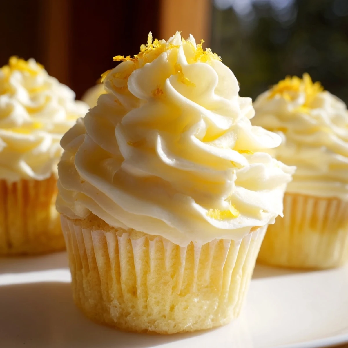 Twelve Limoncello cupcakes sit on a white ceramic plate, each crowned with swirls of pale yellow frosting and bright lemon zest.
