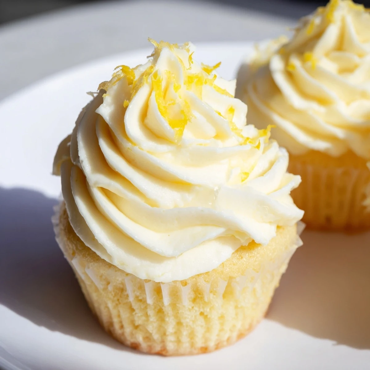 Golden-brown Limoncello cupcakes are arranged in a white muffin tin, their creamy frosting dotted with extra lemon zest for a fresh finish.
