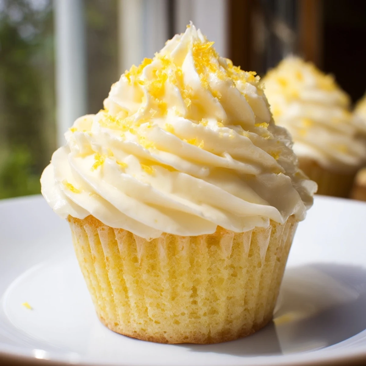 A single Limoncello cupcake on a marble countertop shows its tender crumb and glossy frosting, beside fresh lemon slices for garnish.
