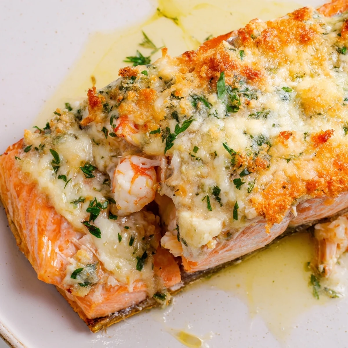 A close up of Crab & Shrimp Stuffed Salmon showing the creamy seafood filling peeking out from the tender pink fish.