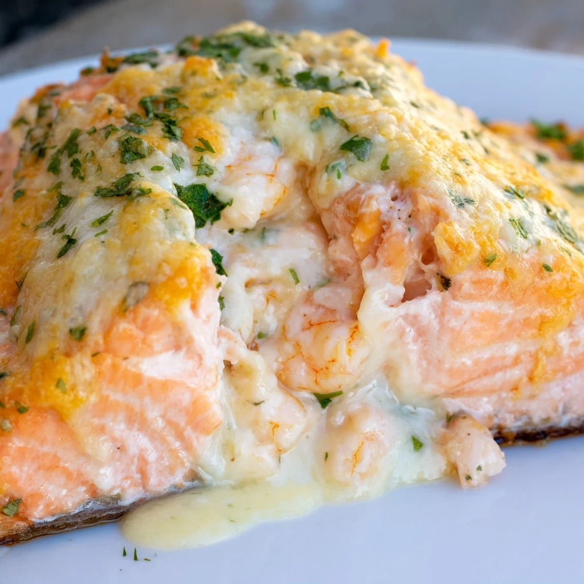 Baked Crab & Shrimp Stuffed Salmon fillets golden brown on a white plate with lemon wedges and parsley garnish.
