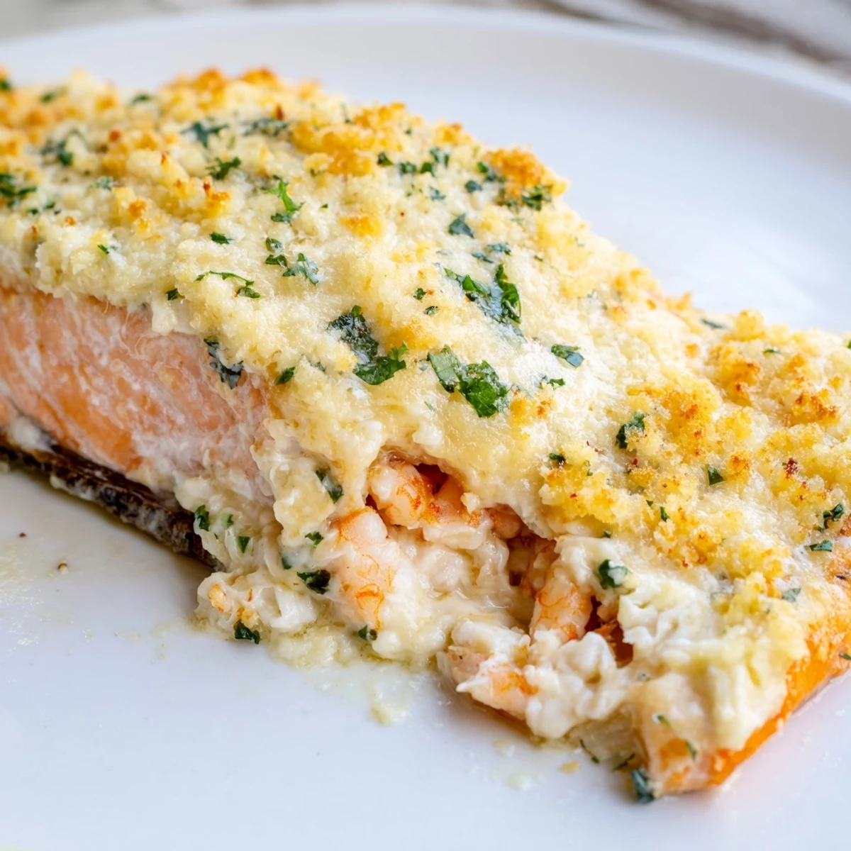 Crab & Shrimp Stuffed Salmon served on a dinner plate with roasted asparagus and rice pilaf for a complete meal.