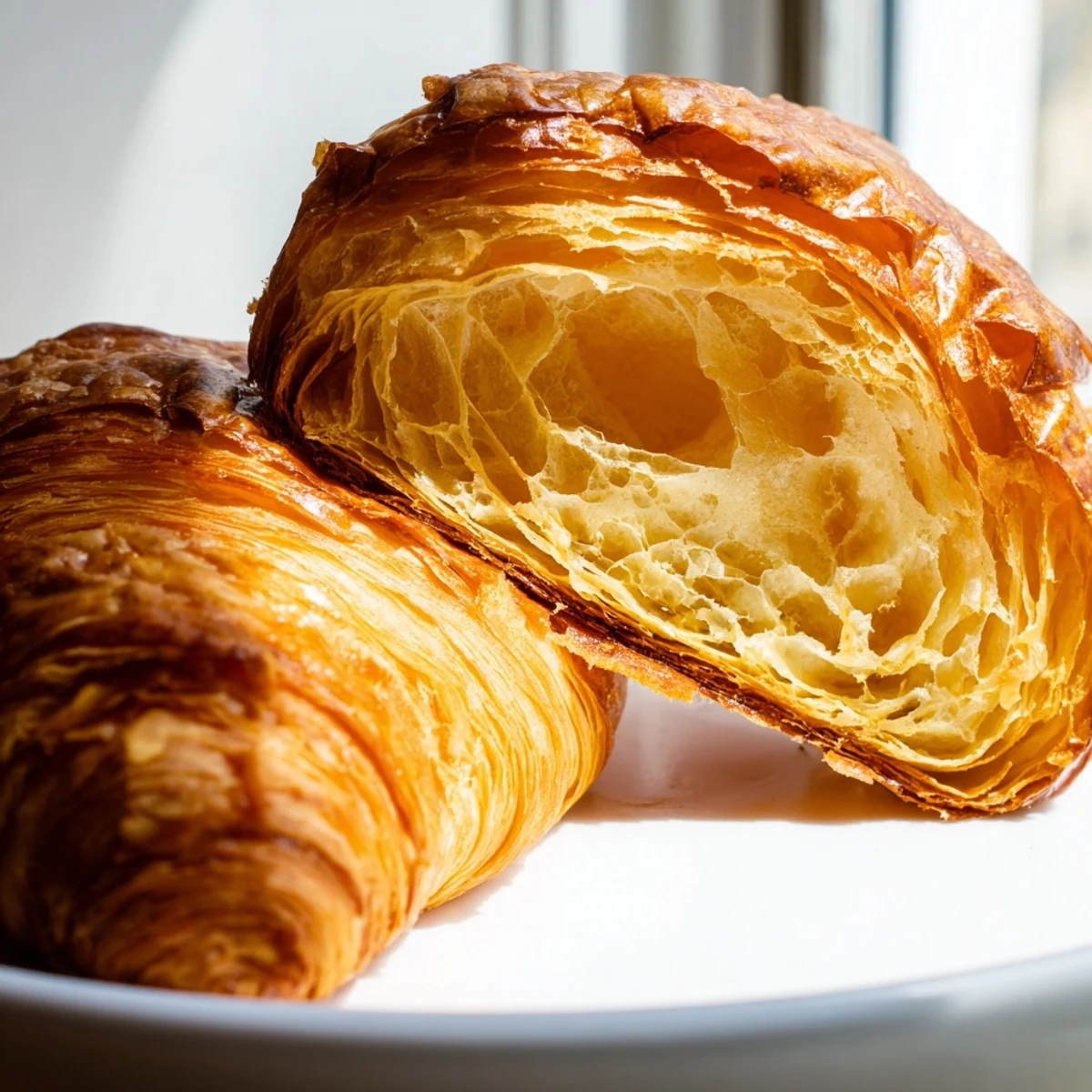 Gluten-free croissants on a white plate, ready to be served with jam and honey.