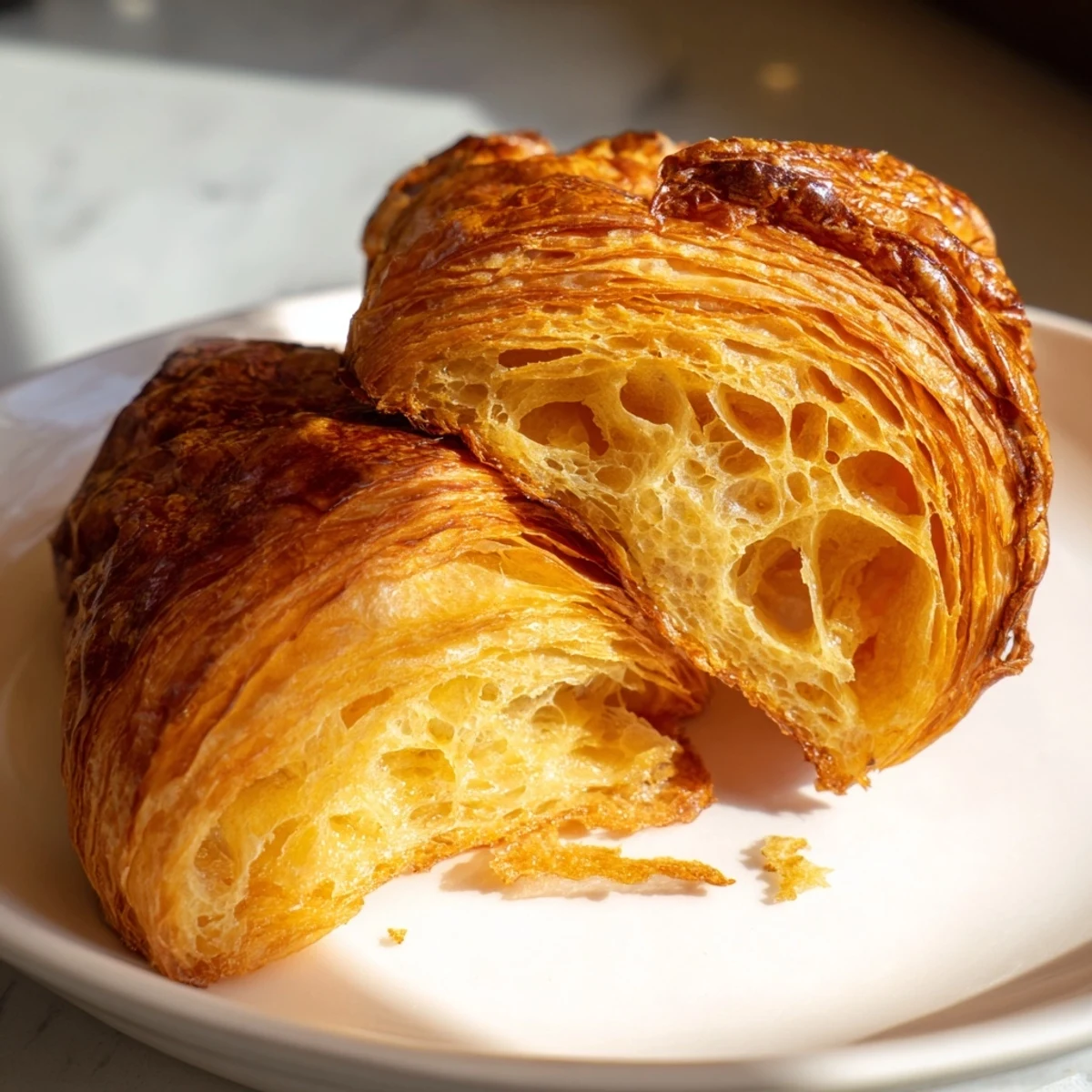 A close-up of gluten-free croissants showing the tender, light, and airy interior texture.