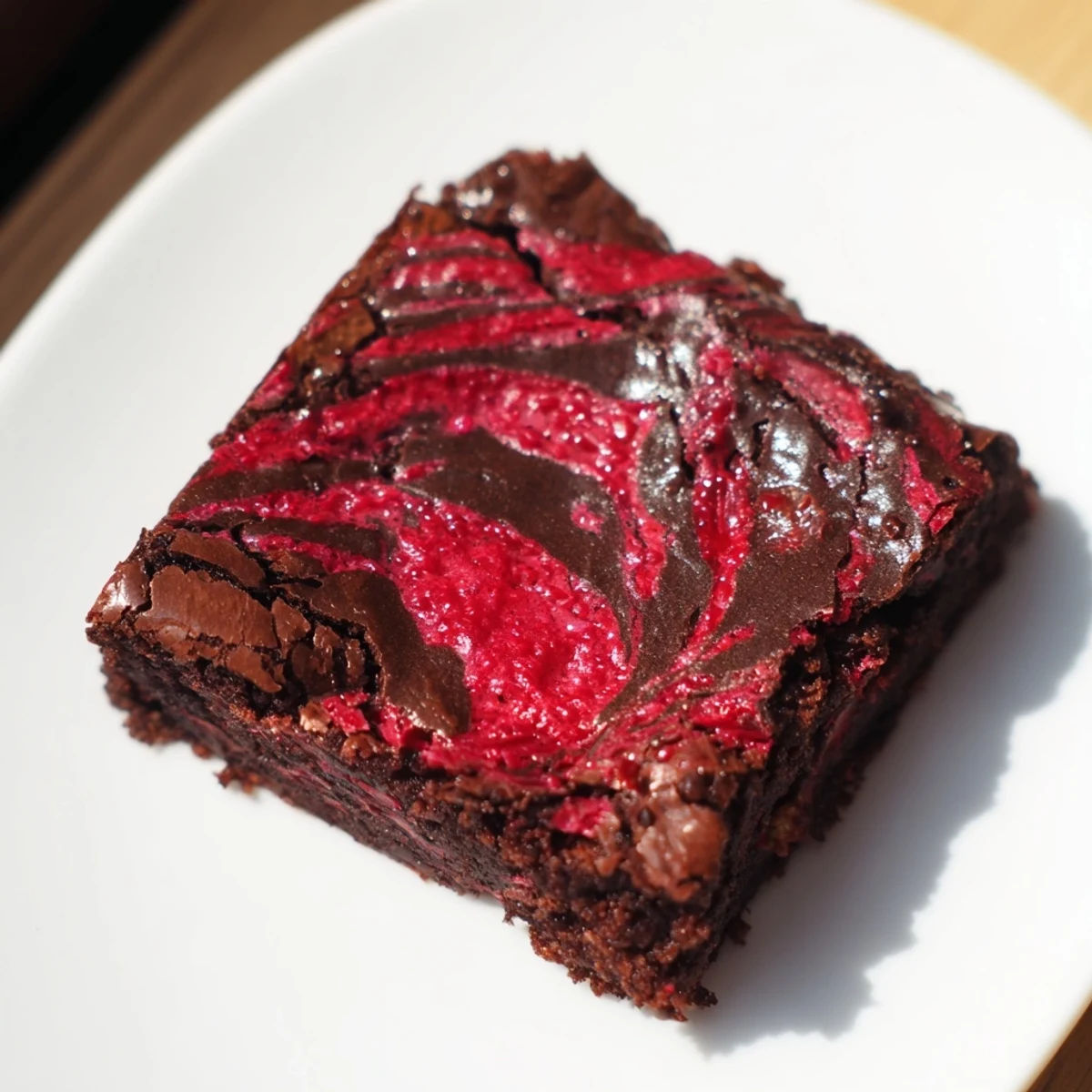Raspberry Swirl Brownies with marbled chocolate and vibrant red fruit on a wooden table.