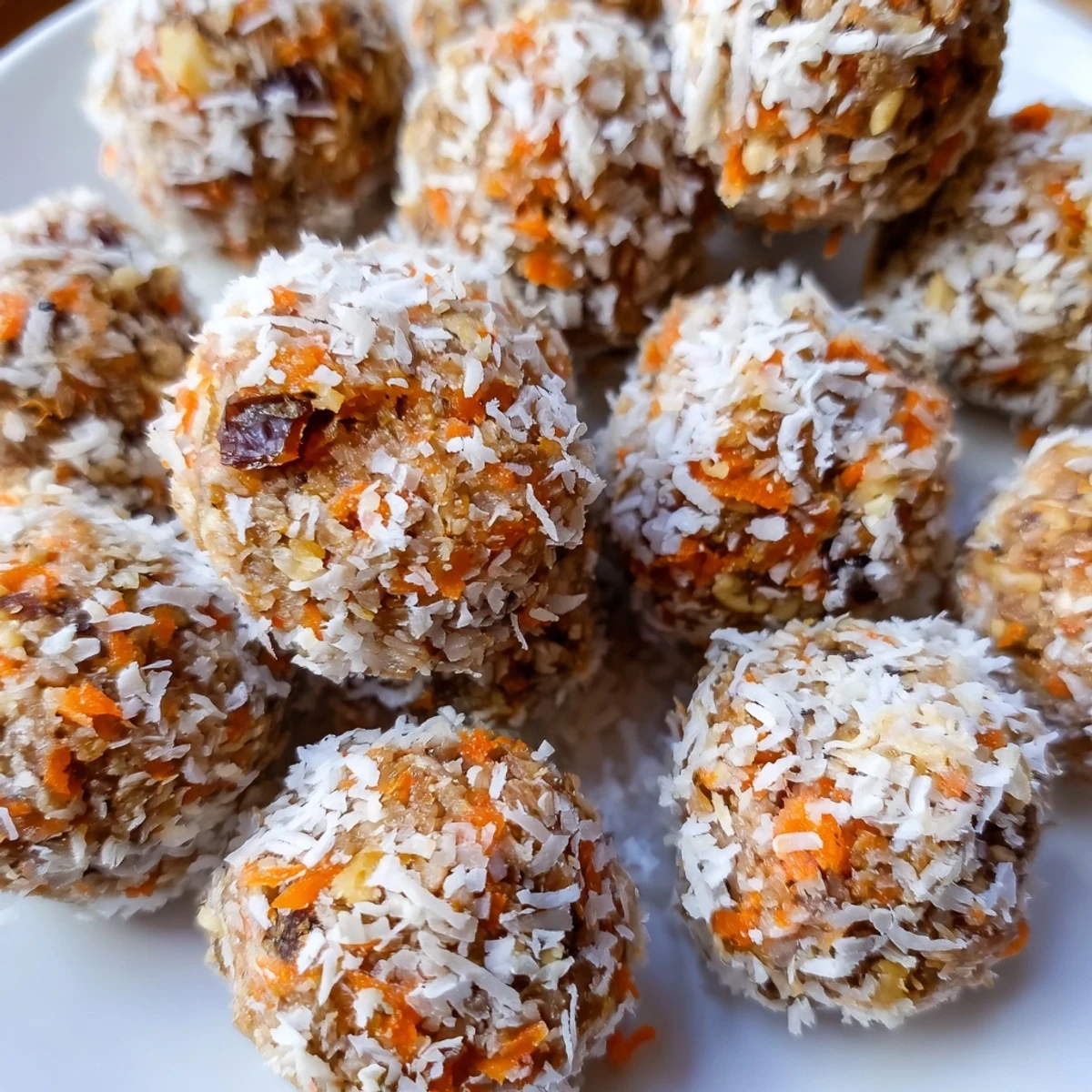Easy gluten-free No Bake Carrot Cake Bites arranged on a white plate, ready for a healthy afternoon snack.  