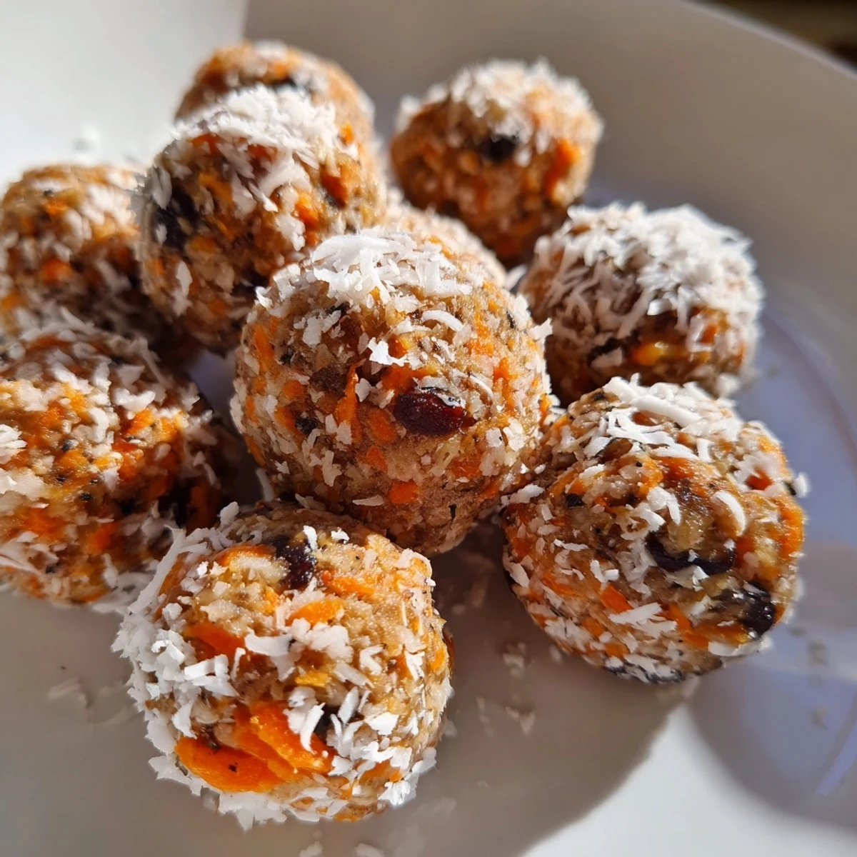 Freshly rolled No Bake Carrot Cake Bites studded with shredded carrots and walnuts, glistening with maple syrup glaze.  