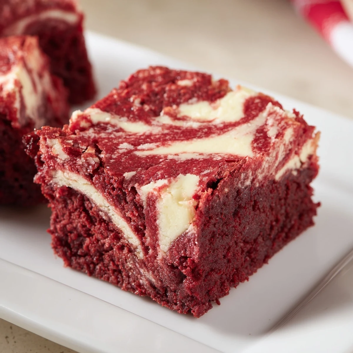A close-up of Red Velvet Cheesecake Brownies with a rich red brownie base and a creamy white cheesecake swirl.