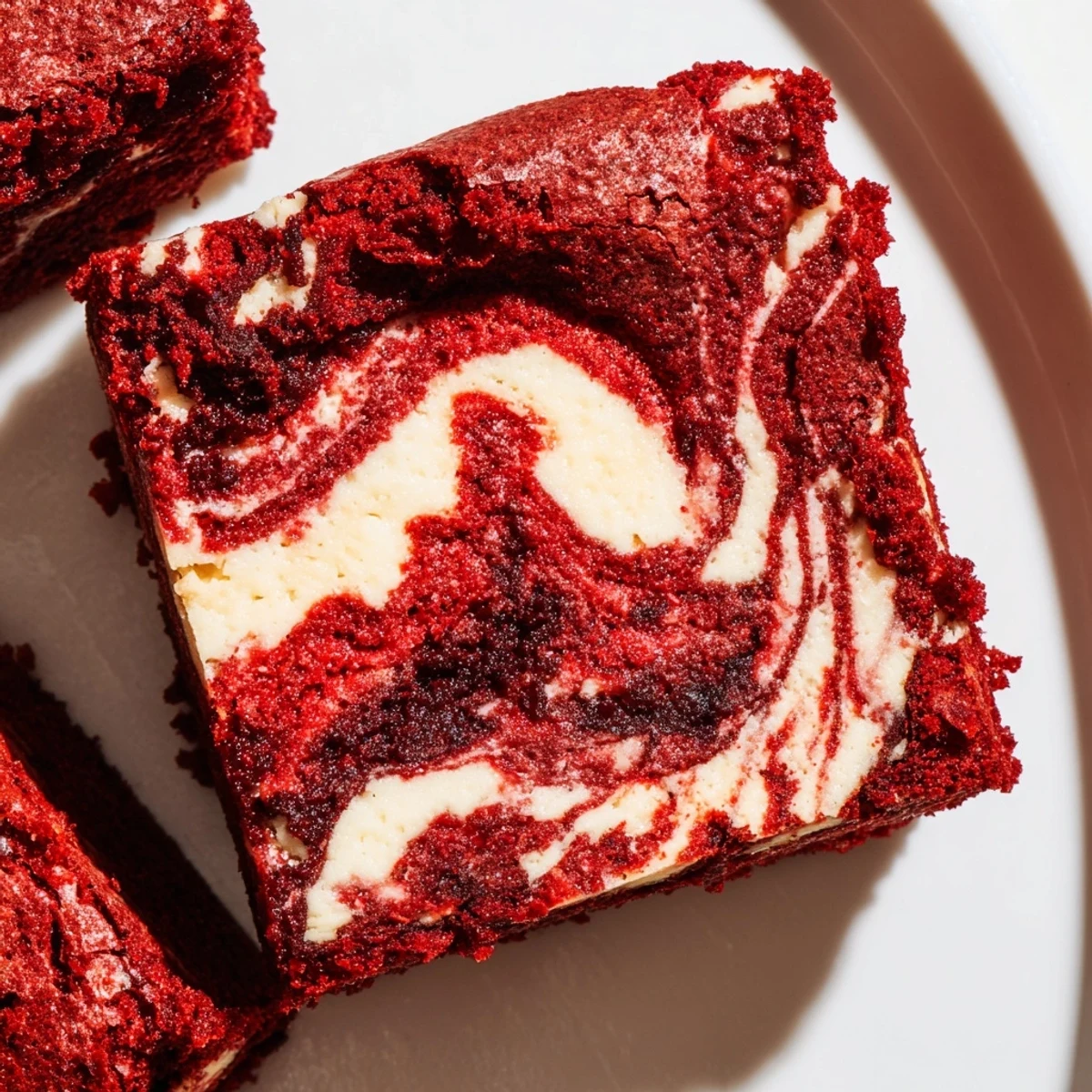 Decadent Red Velvet Cheesecake Brownies are ready to serve, perhaps with a glass of cold milk nearby.