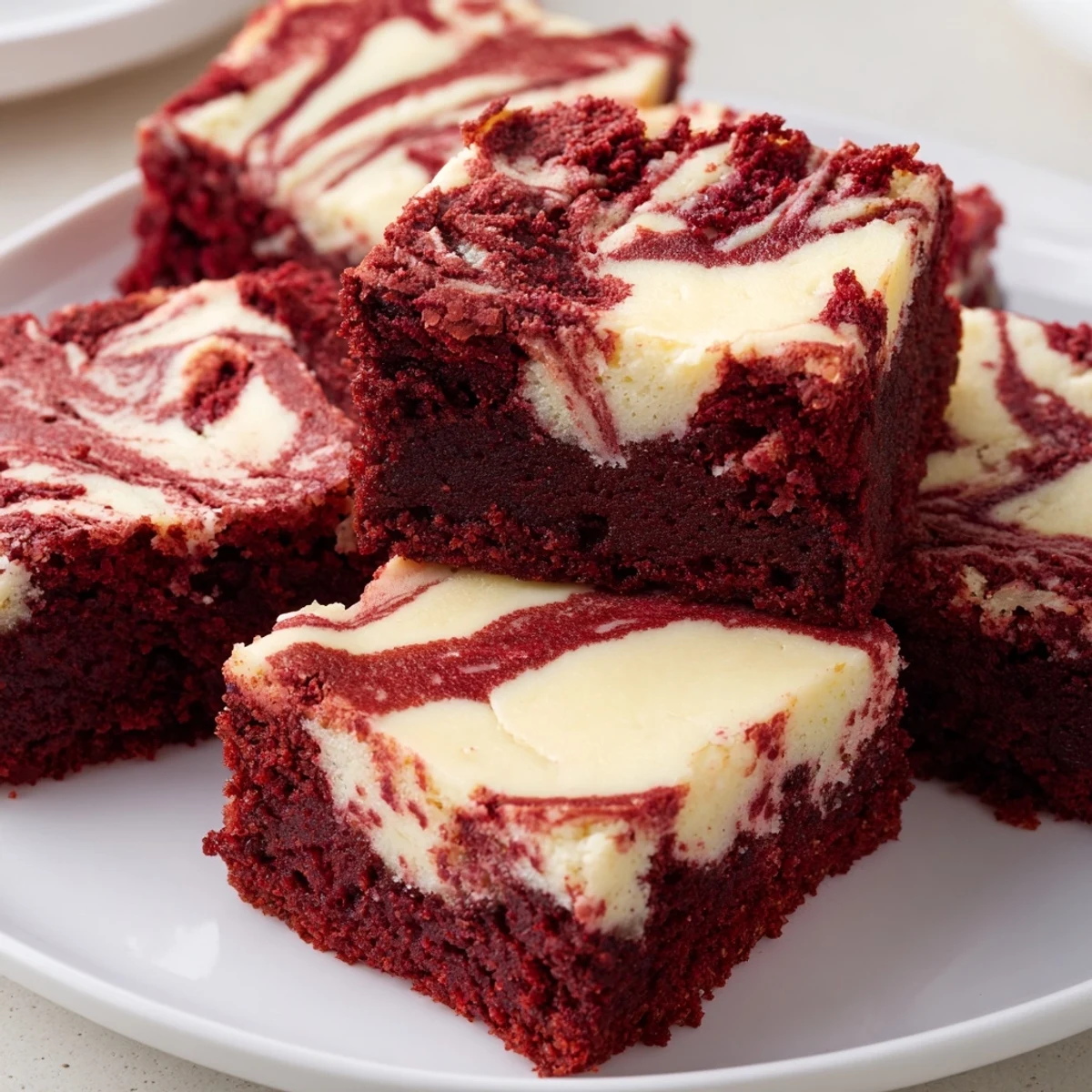 Cut squares of Red Velvet Cheesecake Brownies show a marbled pattern and fudgy texture on a white plate.