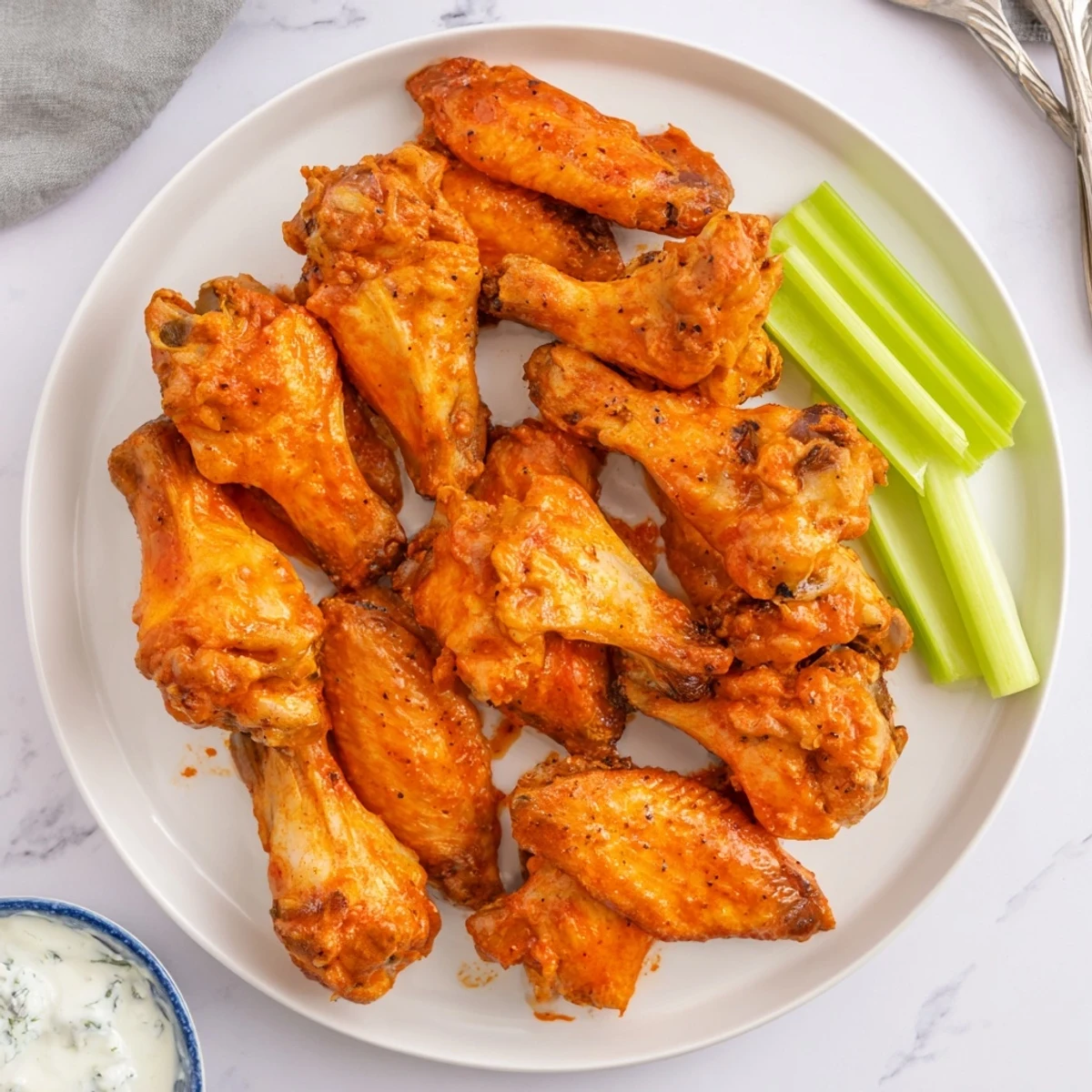 A close-up of Crispy Smoked Buffalo Wings showing smoky char, tossed in spicy sauce, ready for game day serving.