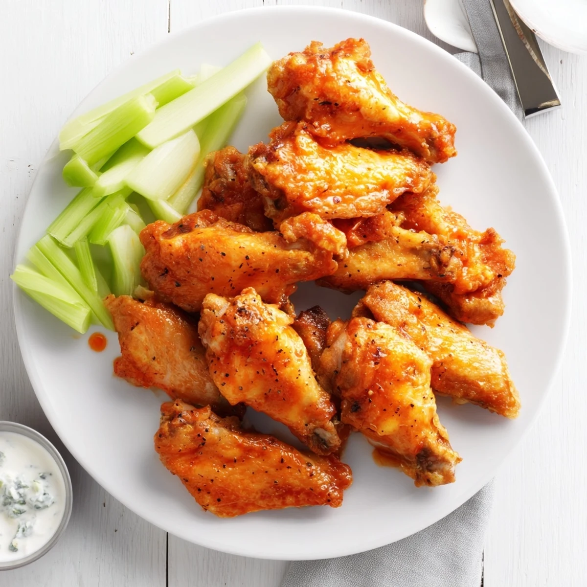 Golden brown Crispy Smoked Buffalo Wings glistening with tangy buffalo sauce on a platter beside celery sticks and blue cheese dip.