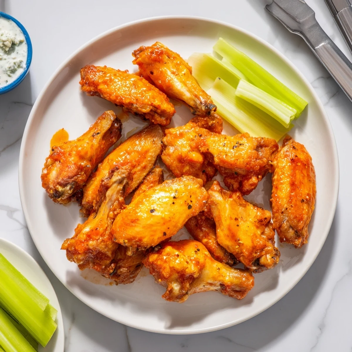Crispy Smoked Buffalo Wings arranged on a wire rack with steam rising, accompanied by ranch dressing and fresh celery.
