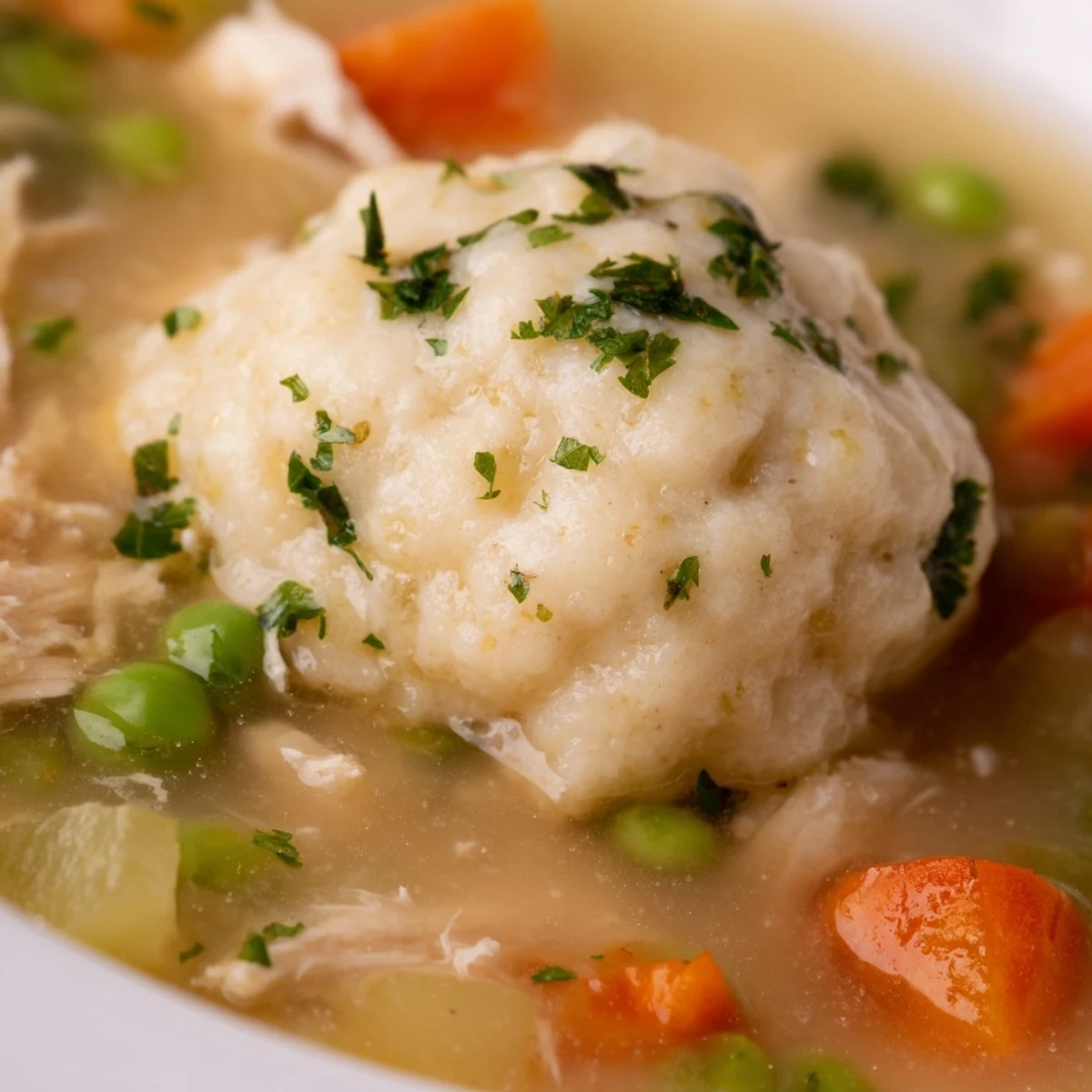 One Pot Chicken Dumpling Soup shows hearty chicken, carrots, and onions in a ladleful of steamy broth.