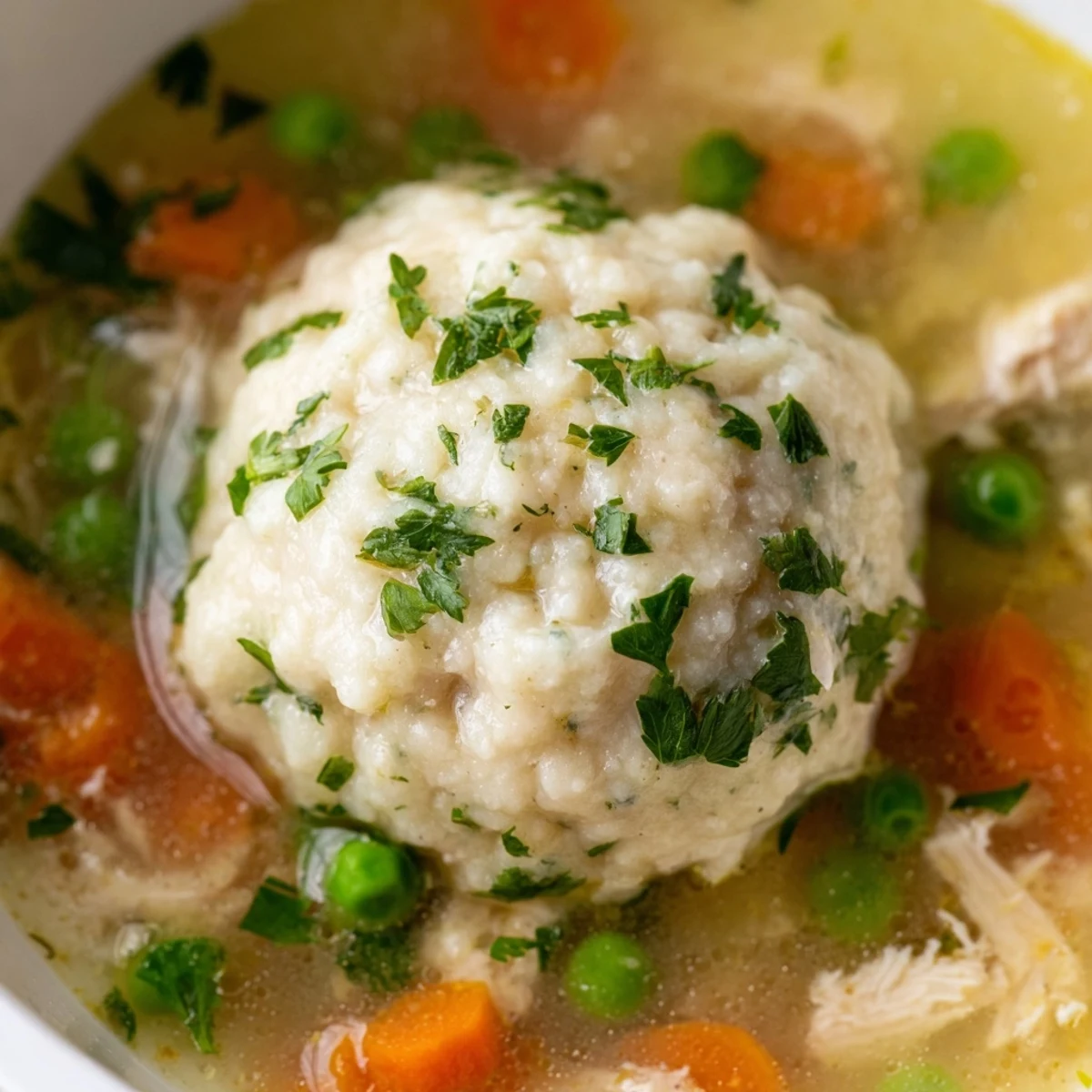 Bright serving bowl of One Pot Chicken Dumpling Soup with green parsley garnish and steamed dumplings.