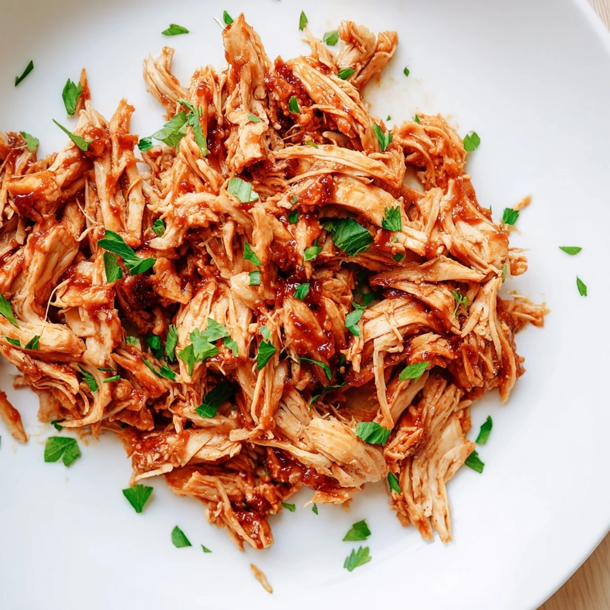 Glossy, tender chicken coated in Sweet Baby Rays Crockpot Chicken barbecue sauce inside the slow cooker.