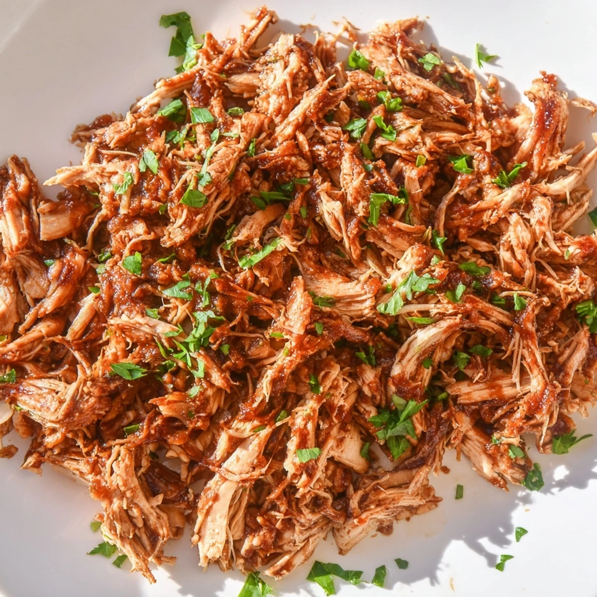 Tender pulled Sweet Baby Rays Crockpot Chicken piled high on a toasted bun with pickles.