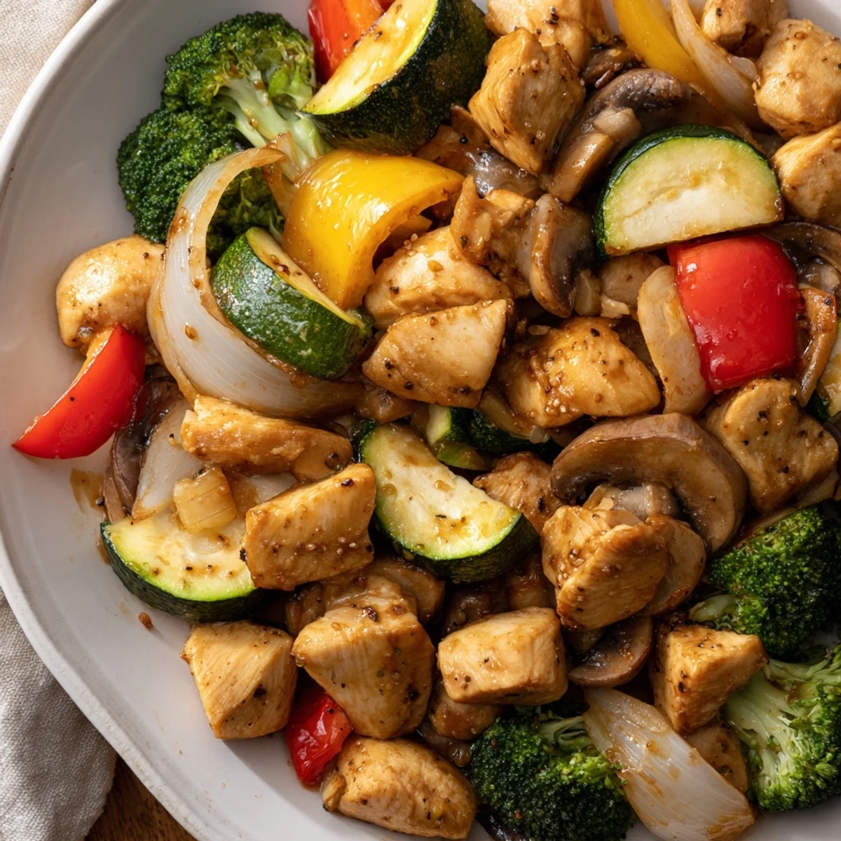 A close-up serving of the Perfect Easy Air Fryer Hibachi Chicken & Vegetables plated beside fluffy white rice and a sprinkle of sesame seeds.